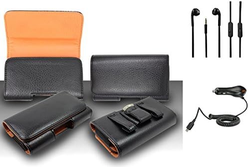 For LG K7 (2016) Premium Classic Black Pebble Texture Leather Belt Case Clip Holster Pouch (Fit for Phone With Slim Case Together) + Car Charger + 3.5MM Stereo Earphones