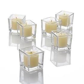 Set of 144 Square Votive Holders and 144 Votive Candles, Ivory Unscented