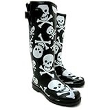 Womens Skull And Crossbone Calf Buckle Flat Wellington Knee High Boots 