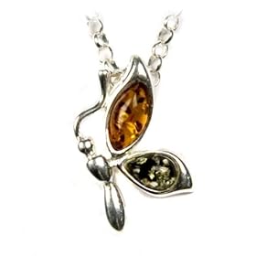 Sterling Silver and Multi-Color Amber Butterfly Pendant, 18"