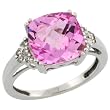 10k White Gold Square Stone Ring w/ Brilliant Cut Diamonds & Cushion Cut (10mm) Pink Topaz Stone, 3/8 in. (10mm) wide, size 9