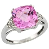 10k White Gold Square Stone Ring w/ Brilliant Cut Diamonds & Cushion Cut (10mm) Pink Topaz Stone, 3/8 in. (10mm) wide