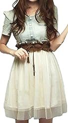 Sexy Above the Knee Denim/Tulle Lace Belted Short Sleeves  Shirt Mini Dress 