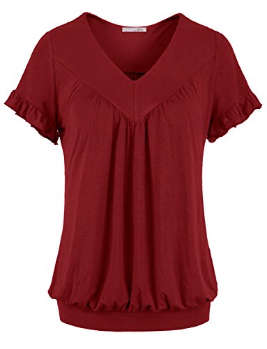 Messic Womens V Neck Short Sleeve Draped Patchwork Knitted Tunic Blouse Top