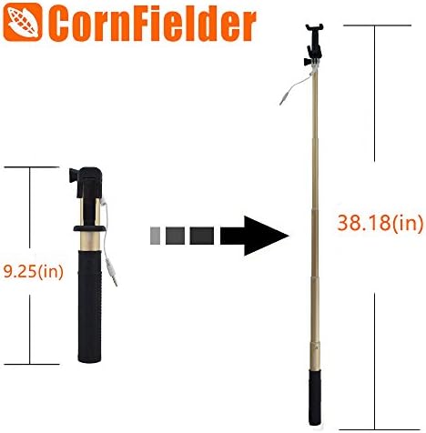Selfie Stick, Cornfielder Ultra Light Space Aluminium Black Self-portrait Monopod Extendable Wireless Bluetooth Selfie Stick and Universal Adjustable Phone Holder for iPhone 6, iPhone 6 Plus, iPhone 5 5s 5c,Samsung S5,S4,S6 ,S6 Edge, GoPro (CFD_SS06_Golden with Cable Line)