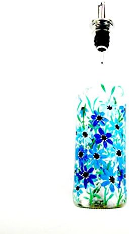 Dish Soap Dispenser, Oil and Vinegar Bottle, Hand Painted Glass Bottle, Kitchen Decoration, Shades of Blue Flowers