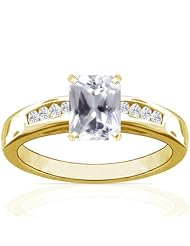 14K Yellow Gold Emerald Cut White Sapphire Ring With Sidestones