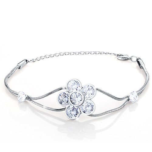 Menton Ezil Glam Princess Shiny CZ Crystal Accent Hollow Out Silver Plated Snake Chain Flower Bracelet