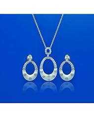 Nickel Free Sterling Silver Pendant & Earring Sets Open Oval With White Enamel CZ Set