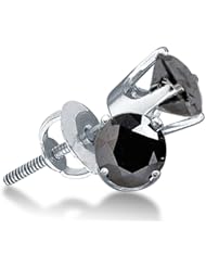 10K White Gold Round Brilliant Cut Black Diamond - Classic Traditional 1 One Single Stone Solitaire Shape Prong Set Studs Earrings with Secure Screw Back Closure - (3.00 cttw.)