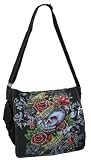 Marsellie Denim Black Denim Skull & Rose Retro Print Messenger Bag PL