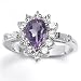 Solid Sterling Silver Cubic Zirconia Rhodium Plated Ring with Pear Shaped Amethyst Semi-Precious Center Stone