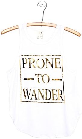 Women's Sleeveless Round Neck Prone to Wander Gold Foil Print Tank Top (Large, White)