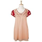 Floral Embroidered Beige And Red Cotton Tunic (Petite, Tall  Misses Sizes XS-3X)