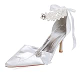 Women’s Satin upper Mid Heel Pumps Closed-toes Alternate Ankle-Straps With Rhinestone Wedding Bridal Shoes