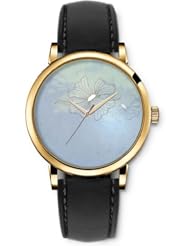 SPRAWL Aanalog Fashion Series Gold Ladies Watches of Genuine Black Leather Strap,Unique Wrist Watch for Women Girls Designed with Drawing a flower in spots