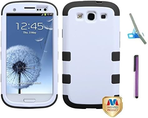 New Samsung Galaxy S3 Two Layer Soft Inside And Hard Outside Phone Protector Case With Purple Touch Screen Stylus Pen And Phone Stand S III I747 / I9300 (White/Black)