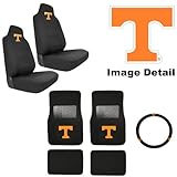 7PC UT University of Tennessee Volunteers Car Truck SUV Front & Rear Seat Carpet Floor Mats w/ Universal-Fit Bucket Seat Covers & Steering Wheel Cover Auto Accessories Interior Combo Kit Gift Set