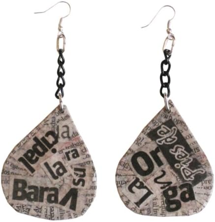Handmade Recycled Newspaper Paper Mache Earrings by Aria Handmade (Tear Drop Newsprint)
