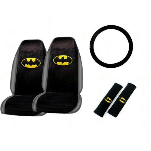 5-Piece Batman Classic Logo Auto Interior Gift Set- A Set of 2 Universal Fit Seat Covers, 1 Steering Wheel Cover, and 2 Shoulder Pads