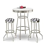 Chrome Bar Table & 2 Chrome Checkered Flag Fabric Seat Barstools