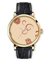 SPRAWL Aanalog Fashion Series Gold Ladies Watches of Genuine Black Leather Strap,Unique Wrist Watch for Women Girls Designed with Brown flowers on beige background
