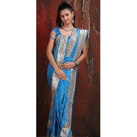 Buy Aqua Blue Pure Chinon Crepe Bandhej Embroidered Belly Dance Dress Wedding Saree Sari with... by Utsav