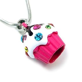 Cute Crystal Hot Pink Cupcake Charm Necklace
