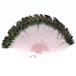 Pale Pink Marabou Feather Fan with Peacock Tips