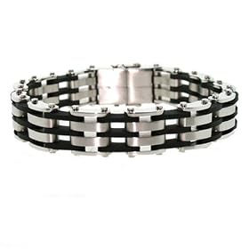 Stainless Steel and Black Rubber Link Bracelet by Bucasi