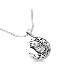 925 Sterling Silver Howling Wild Wolf Totem Amulet with Crescent Moon and Stars Pendant with Rhodium Plated Chain Necklace w/ Lobster Clasp 18"