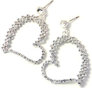 Glamorous Silver Tone Austrian Crystal Rhinestone Embellished Open Heart Drop Dangle Earrings