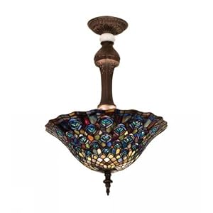 20 Inch W Tiffany Peacock Feather Semi-Flush Ceiling Fixture by 