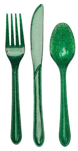 Creative Converting Premium Plastic Glitz Green Glitter Cutlery, 24 Utensils Per Package