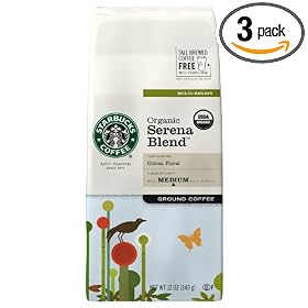 Starbucks Serena Blend Coffee, Organic, Medium, Ground, 12-Ounce Bags (Pack of 3)