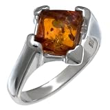 Certified Genuine Cognac Amber and Sterling Silver Modern Bevel Edge Ring