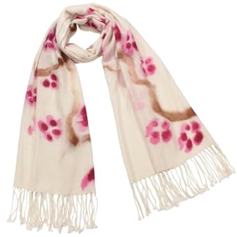 Hand Painted Plum Blossom 100% Pashmina Cashmere Tassels Ends Long Scarf Shawl-pink