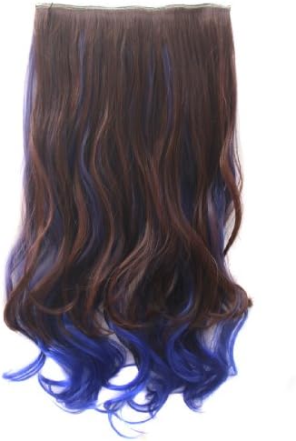 ECOSCO Ombre Dip-dye Mix Color One Piece Gorgeous Long Curly Wave Clip in Hair Extension (Dark Brown+Royal Blue)