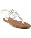 Bamboo Steno-94 Metallic Trim T-Strap Flat Slingback Sandal WHITE ()