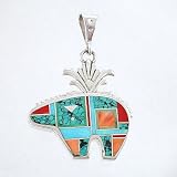 Ray Tracey Sterling Silver Bear Pendant with Turquoise and Spiny Oyster Inlay, #8540