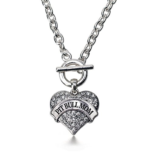 Inspired Silver Pit Bull Mom Pave Heart Toggle Necklace Clear Crystal Rhinestones