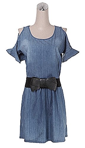 デニムシャツワンピース チュニック フレアースカート レディースファッション 婦人服 春夏物 ウエストリボン カットアウェイショルダー Ｕネック 大人カジュアル きれいめ ガーリー キュート スウィート エレガンス シンプル 綿 大きいサイズ ゆったり お呼ばれ デート 結婚式 ２次会 パーティー オリジナルアクセサリー付属 lpsa100126