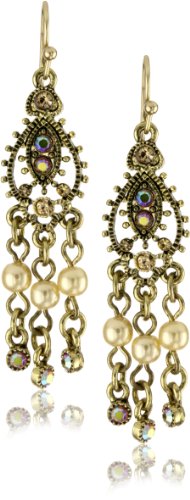 1928 Jewelry Brass Tone Simulated Plastic Pearl Mini Chandelier Earrings