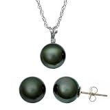 8-9mm Black South Sea Tahitian Pearl Earring & Pendant with .01ctw Diamond Set Sterling Silver 18 Length.