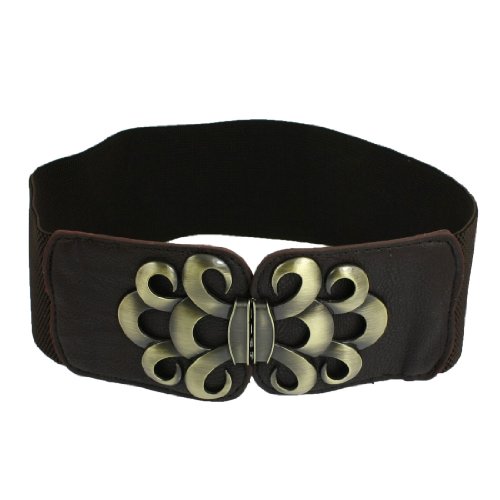 Lady Faux Leather Metal Interlock Buckle Elastic Waist Belt Cinch Coffee Color
