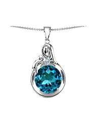 Original Star K (tm) Loving Mother With Child Family Large Pendant With Round 10mm Simulated Blue Topaz in .925 Sterling Silver
