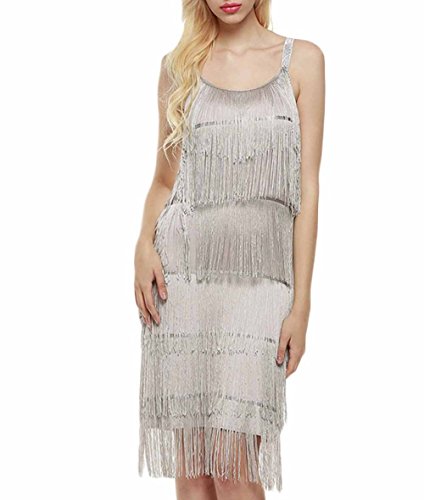 Celltronic Fashion Women Straps Dress Tassels Glam Party Dress Gatsby Fringe Flapper Costume Dress(Grey,M)