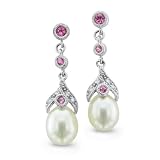 10k White Gold Natural Diamond Pink Tourmaline and Pearl Earrings