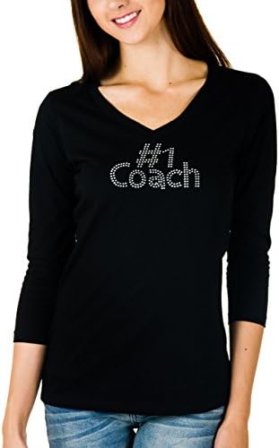 Activewear Apparel Womens Rhinestone '#1 Coach' 3/4 Sleeve V-neck Shirt (Large, Black)