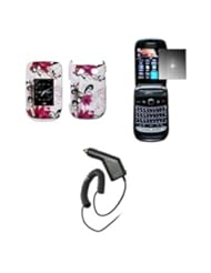 Wireless: White and Purple Flowers Design Snap-On Cover Case + Mirror Screen Protector + Car Charger (CLA) for Sprint BlackBerry Style 9670 - Accessory Export